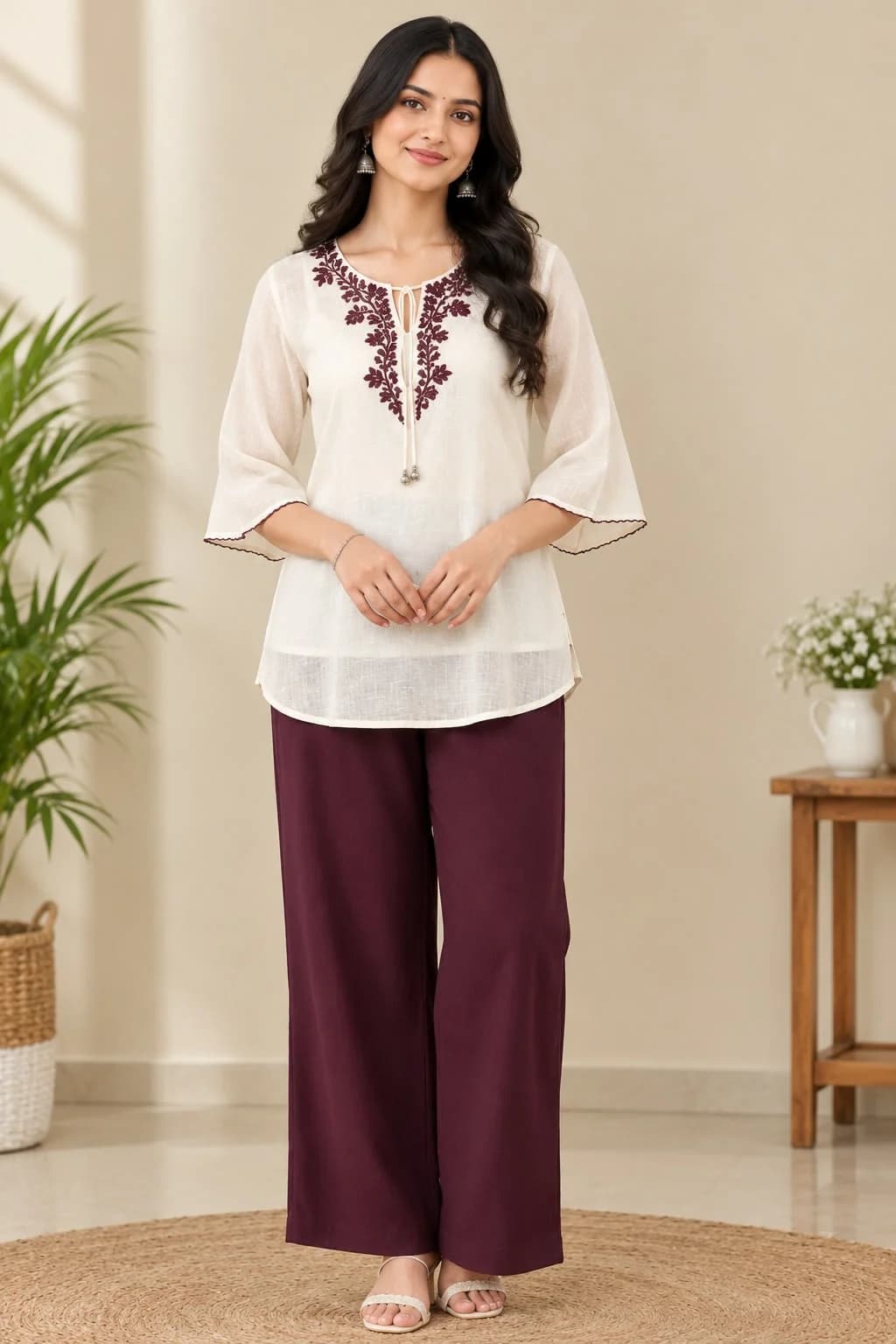 Ivory & Wine Embroidered Co-Ord Set - wine
