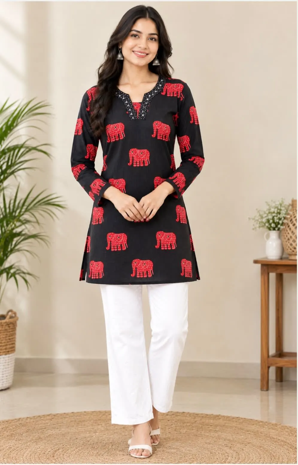 Black & Red Elephant Print Short Kurti