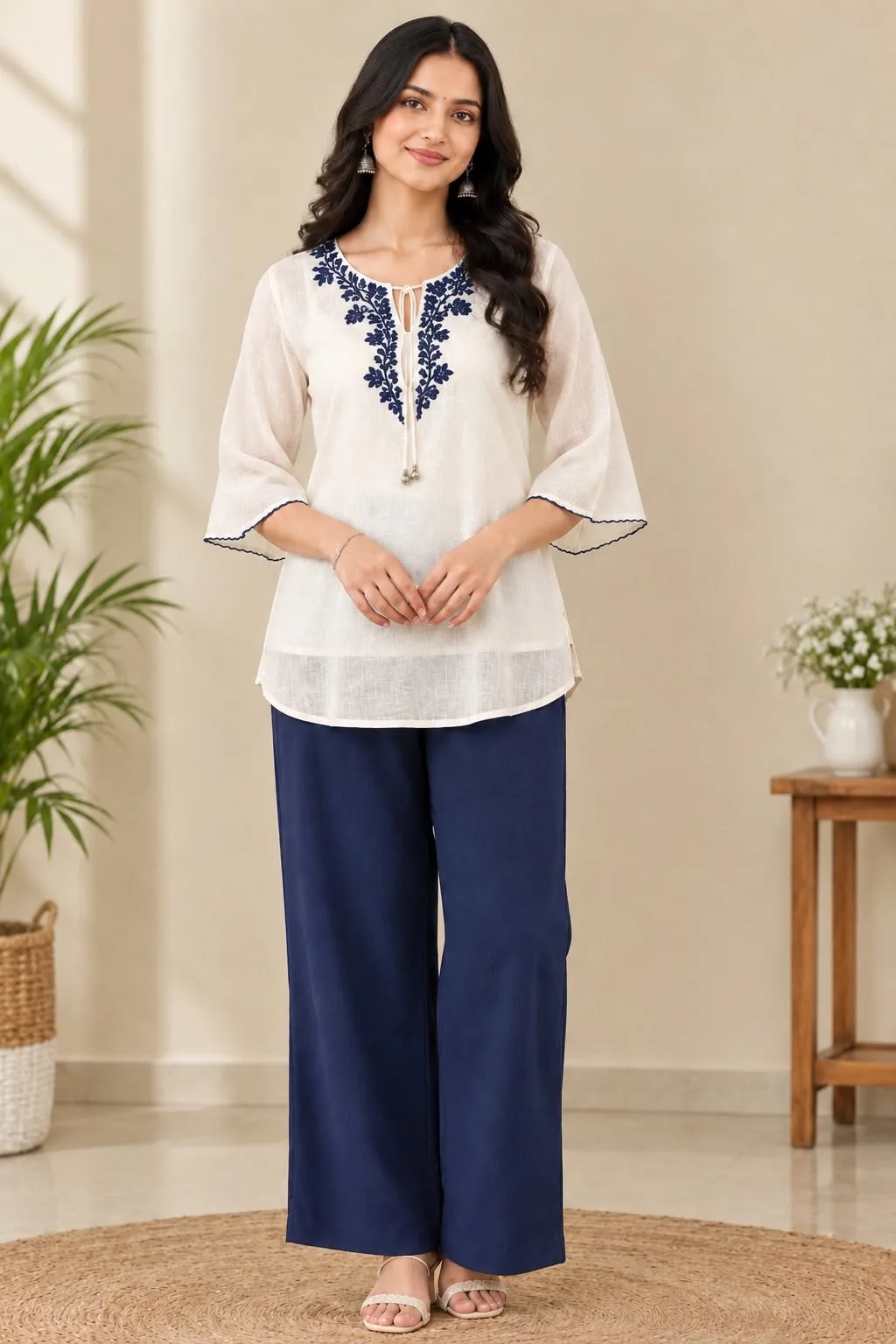Ivory & Navy Blue Embroidered Co-Ord Set - Navy Blue