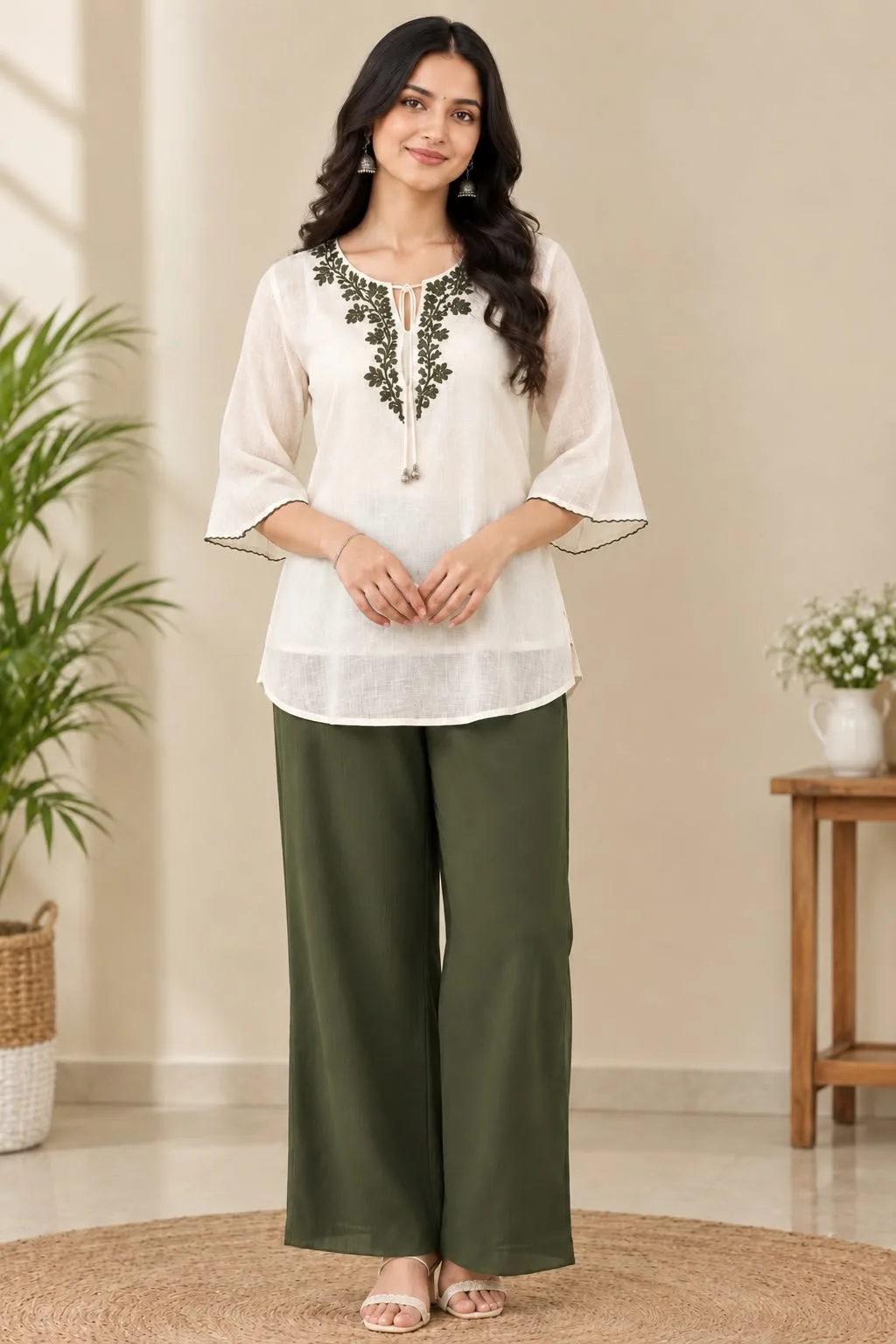 Ivory & Olive Green Embroidered Co-Ord Set - Olive Green