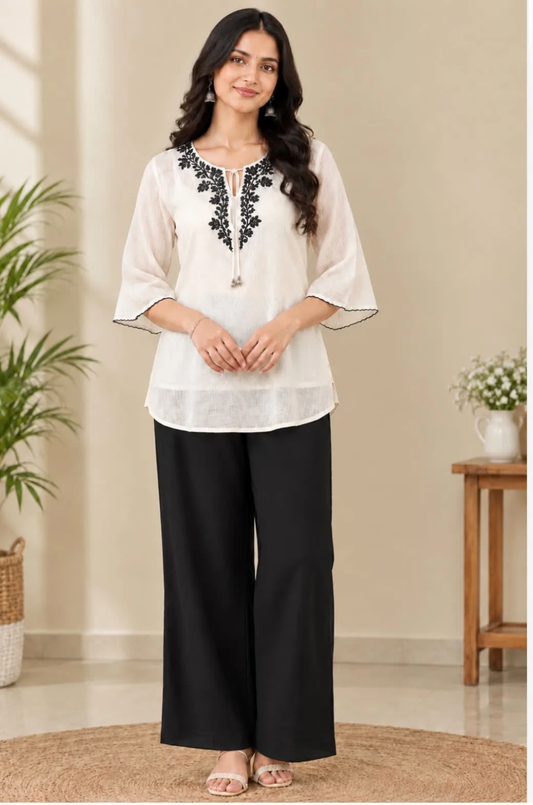 Ivory & Black Embroidered Co-Ord Set - Black